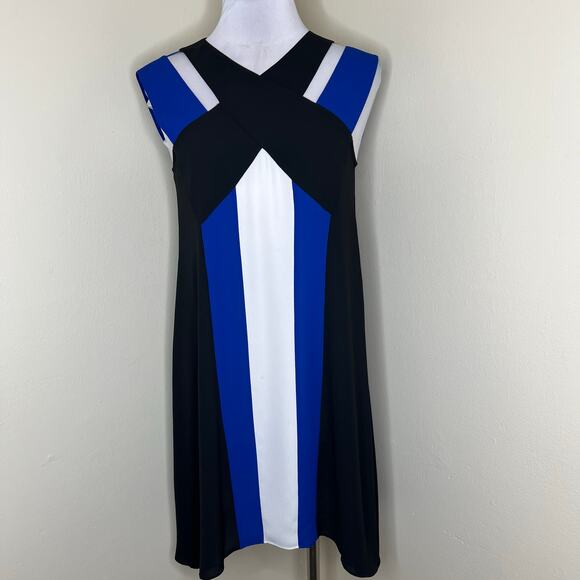 BCBGMaxAzria Chantel Dress XS Crossover Neck Cutout Flowy Mini Shift Colorblock - Picture 2 of 11